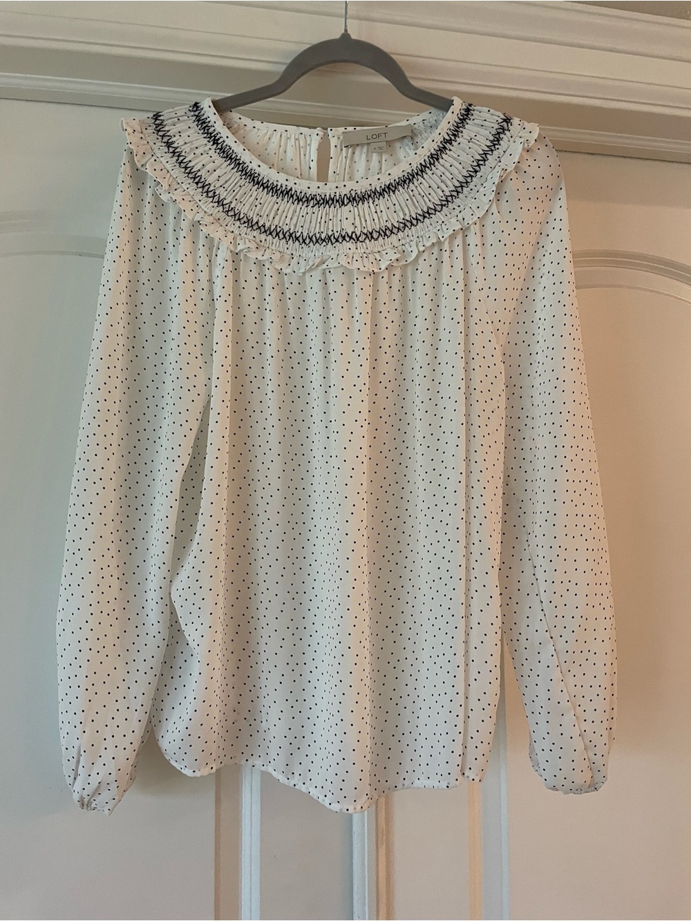 LOFT White Blouse with Black Polka Dot Smocked Ruffle Collar